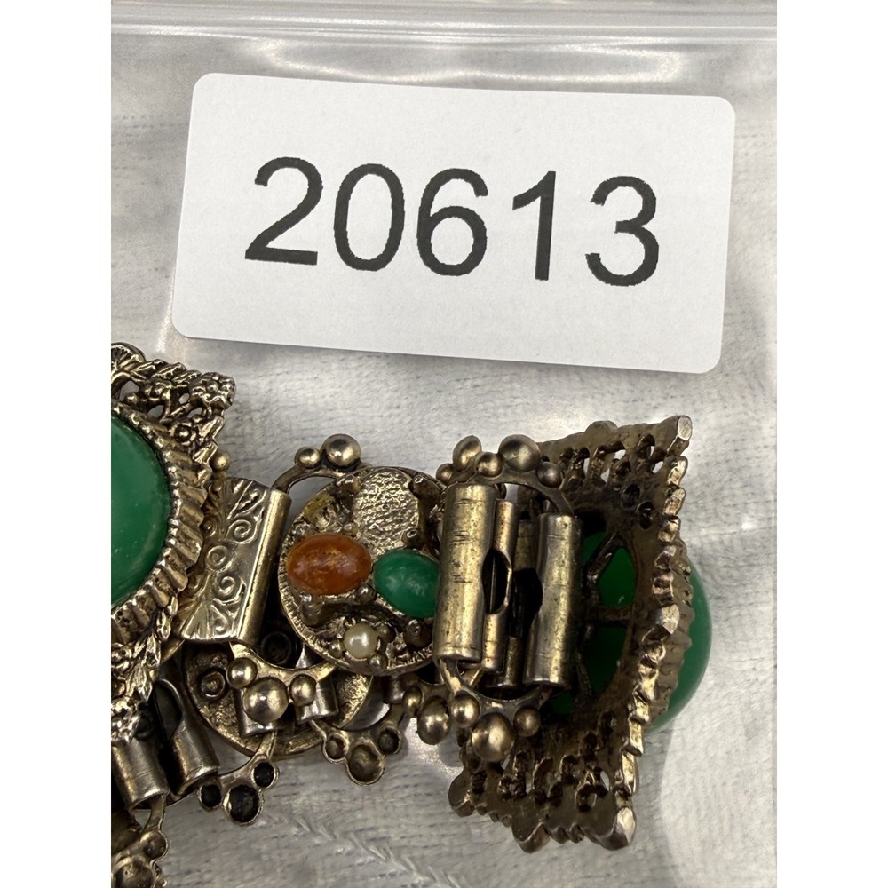 Vintage Victorian Revival Bracelet Green Stones Panel Gold Tone READ - Picture 12 of 12